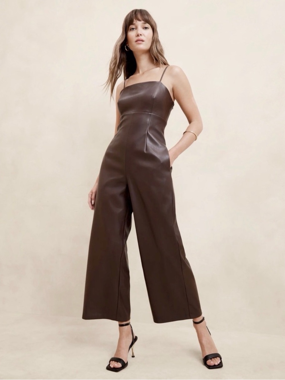 Banana Republic Factory Chocolate Brown Faux Leather Wide-Leg Jumpsuit